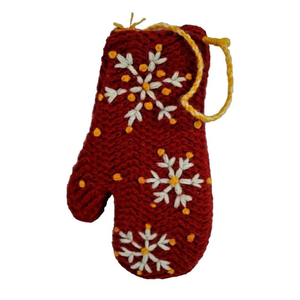 Handmade Knit Red Mitten with Snowflakes Christmas Tree Ornament